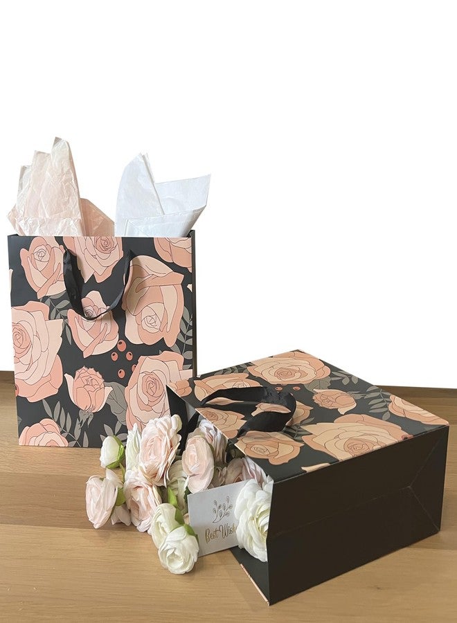 AMROSE Large 13’’ Rose Gift Bags with Card and Tissue Paper, Recyclable Paper Gift Bag for Birthdays, Mother's Day, Wedding, Engagement, Valentine's Day, Parties and more, Black - Image 3